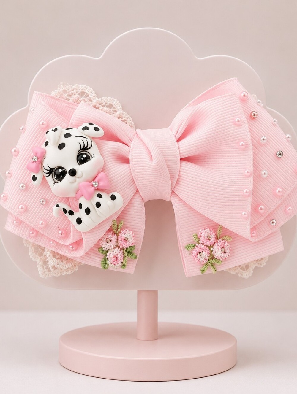 Handmade Pink Embroidered Bow Hair Clip with Dalmatian Charm - Kids 🎀✨
